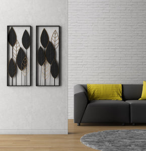 Set of Two Black and Gold Metal Hanging Dimensional Sculpture