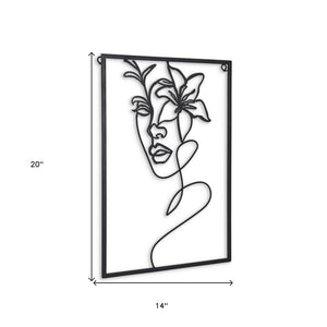 20" X 14" Black Metal Abstract Female Face Hanging Dimensional Sculpture