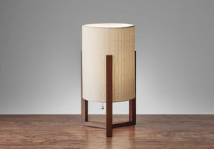 Walnut Wood Finish Cylindrical Linen Shade Table Lamp