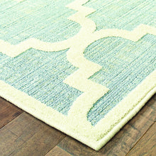 8' Tropical Light Blue And Ivory Quatrafoil Indoor Outdoor Runner Rug