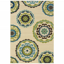 9' X 13' Ivory Indigo And Lime Medallion Disc Indoor Outdoor Area Rug