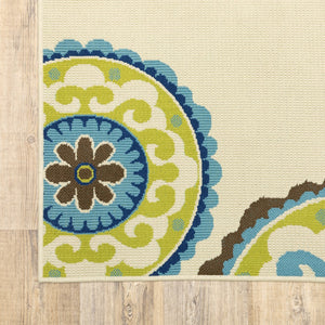 9' X 13' Ivory Indigo And Lime Medallion Disc Indoor Outdoor Area Rug