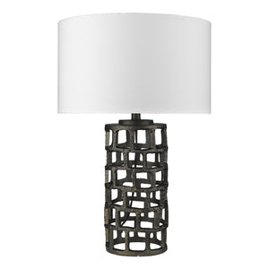26" Black Metal Column Table Lamp With White Drum Shade