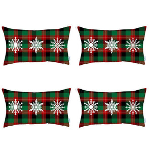 Set of 4 Christmas Snowflake Trio Plaid Lumbar Throw Pillows