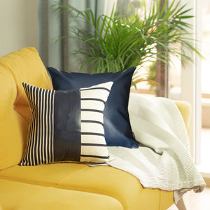 Set of 2 Navy Geometric and Solid Throw Pillows
