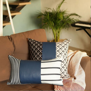 Navy Blue Striped Zippered Polyester Throw Pillow