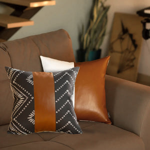 Set of 2 Black and  Brown Faux Leather Throw Pillows