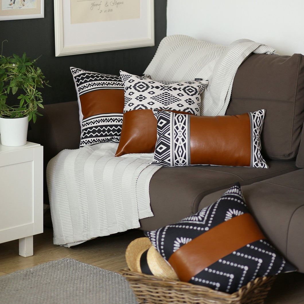 Set of 2 Black and  Brown Faux Leather Throw Pillows