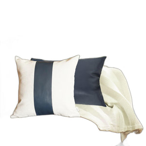 Set of 2 White and Navy Faux Leather Throw Pillows