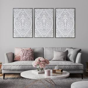Baroque Inspired Triptych Silver Framed Canvas Wall Art Set