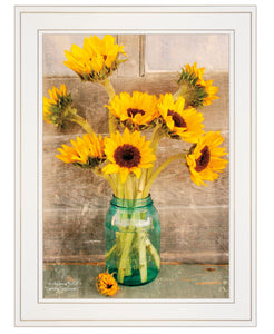 Country Sunflowers in a Mason Jar White Framed Print Wall Art - Buy JJ's Stuff