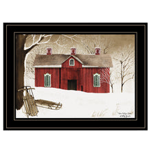 New Fallen Snow with Sleds and Red Barn Black Framed Print Wall Art - Buy JJ's Stuff