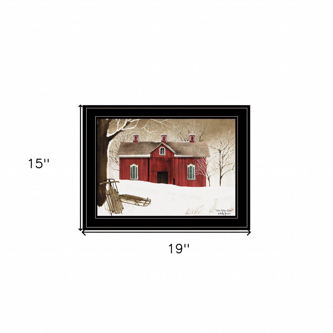 New Fallen Snow with Sleds and Red Barn Black Framed Print Wall Art - Buy JJ's Stuff