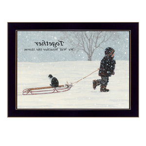 Together Boy and Cat Black Framed Print Snowstorm Wall Art