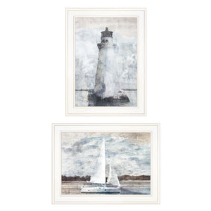Set Of Two Lighthouse Sailboat White Framed Print Wall Art