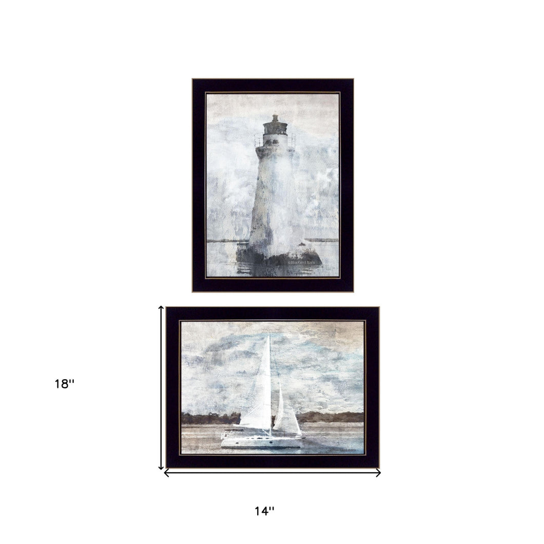 Set Of Two Lighthouse Sailboat Black Single Rim Framed Print Wall Art