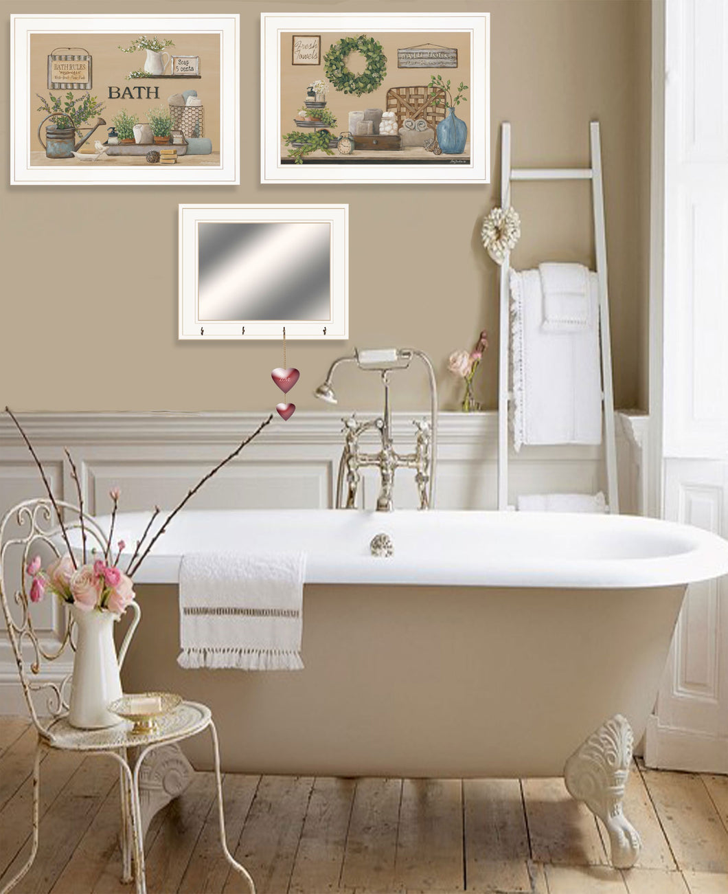 Set Of Three Bath Time 1 White Framed Print Bathroom Wall Art with Mirror - Buy JJ's Stuff