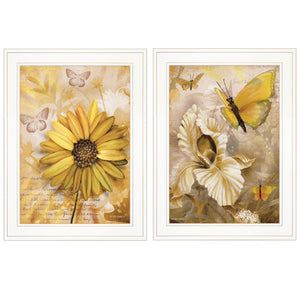 Set Of Two Yellow Flowers And Butterflies White Framed Print Wall Art