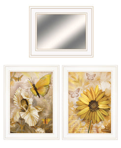 Set Of Three Yellow Butterflies White Framed Print Wall Art with Mirror - Buy JJ's Stuff