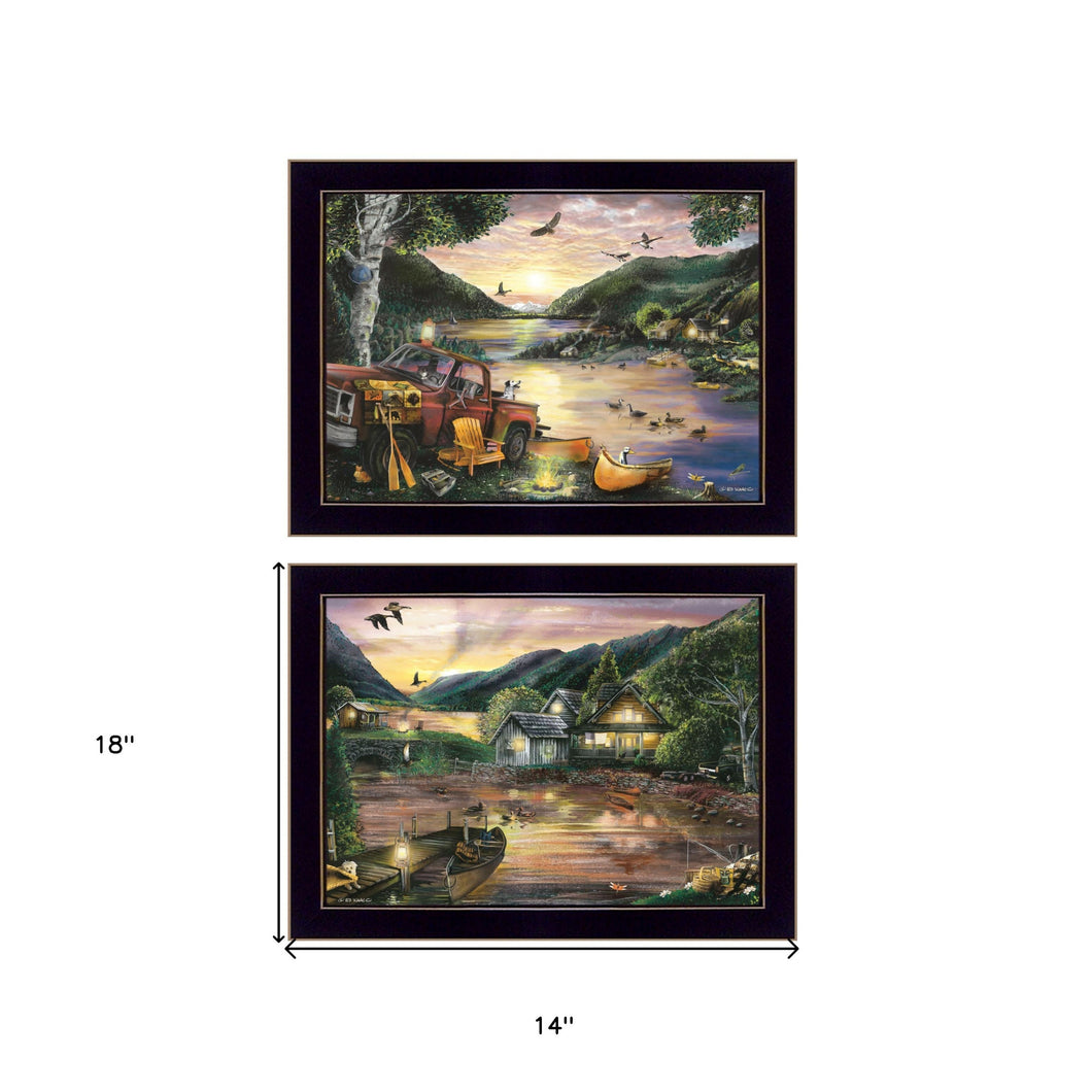 Set Of Two Lakefront Camping 3 Black Framed Print Wall Art