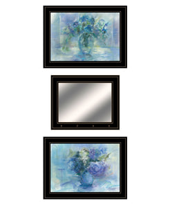Set Of Three Blue Floral Black Framed Print Wall Art with Mirror - Buy JJ's Stuff