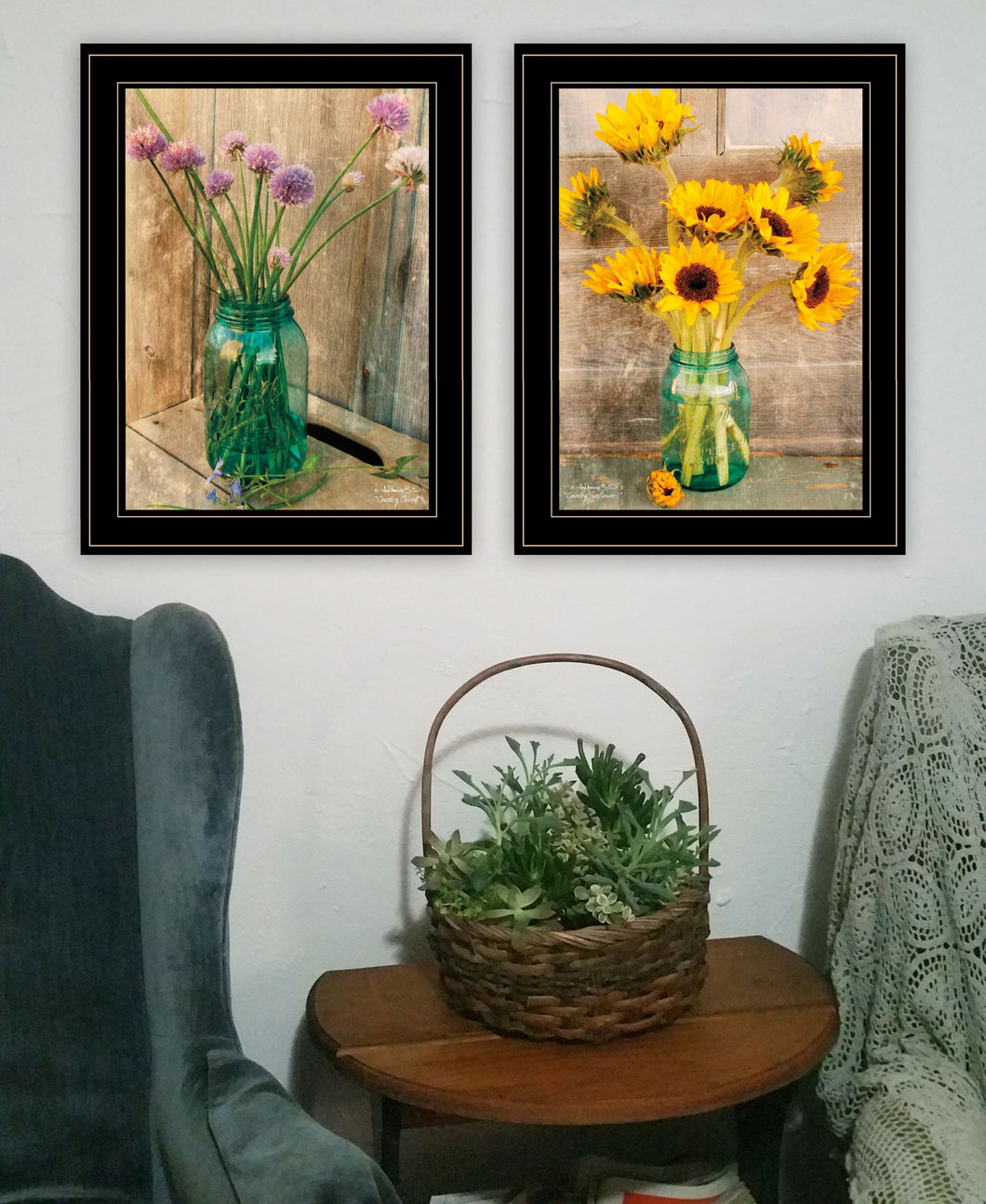 Set Of Two Country Sunflowers And Chives 2 Black Framed Print Wall Art - Buy JJ's Stuff