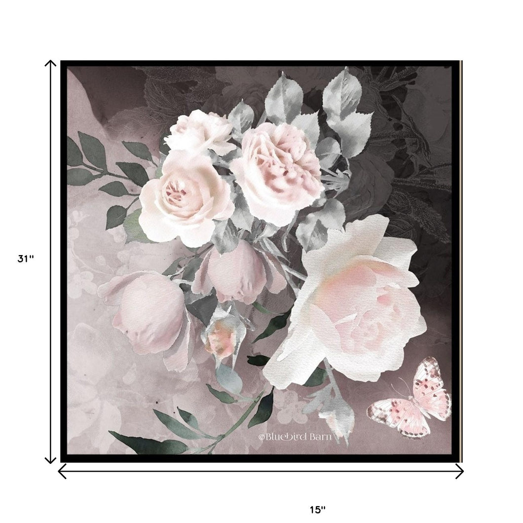 Set of Two Pink Roses and Butterfly Black Framed Print Wall Art