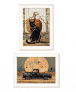 Set Of Two Harvest Moon With A Black Cat And Truck 1 White Framed Print Wall Art - Buy JJ's Stuff