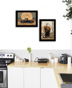 Set Of Two Harvest Moon With A Black Cat And Truck 2 Black Framed Print Wall Art - Buy JJ's Stuff