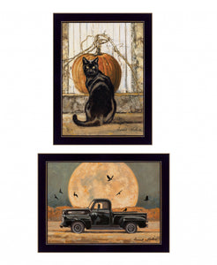 Set Of Two Harvest Moon With A Black Cat And Truck 3 Black Framed Print Wall Art - Buy JJ's Stuff