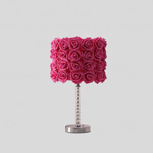 18" Silver Bedside Led Table Lamp With Red Flowers Drum Shade