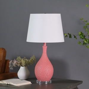 28" Pink Hammered Urn Table Lamp With White Tapered Drum Shade