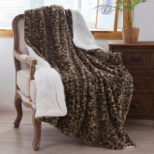 Reversible Leopard Brown Faux Rabbit Fur and Sherpa Throw Blanket