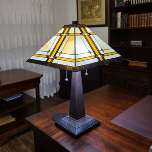23" White Amber and Brown Stained Glass Two Light Mission Style Table Lamp