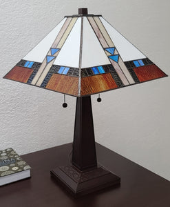 23" Cream Amber and Teal Arrow Stained Glass Two Light Mission Style Table Lamp