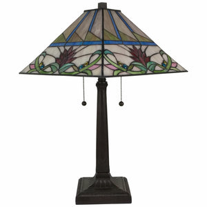 23" Cream and Red Floral Stained Glass Two Light Mission Style Table Lamp
