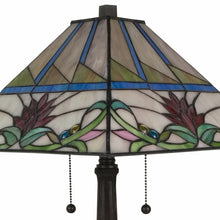 23" Cream and Red Floral Stained Glass Two Light Mission Style Table Lamp