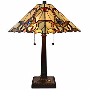 23" Cream Red and Blue Stained Glass Handcrafted Jeweled Two Light Mission Style Table Lamp