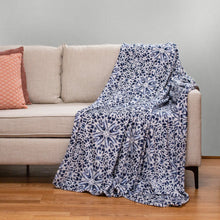 Print Navy Blue  Reversible Velvet and Sherpa Throw Blanket