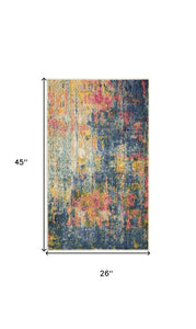 2' X 4' Blue And Yellow Abstract Power Loom Non Skid Area Rug