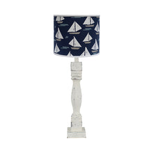 30" Distressed White Candlestick Table Lamp With Navy Sailboat Shade