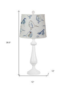 27" White Table Lamp With White Blue And Brown Birds Empire Shade