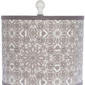 27" White Table Lamp With Gray Taupe Batik Print Drum Shade
