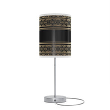 20" Silver Table Lamp With Black And Gold Striped Scroll Cylinder Shade