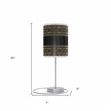 20" Silver Table Lamp With Black And Gold Striped Scroll Cylinder Shade